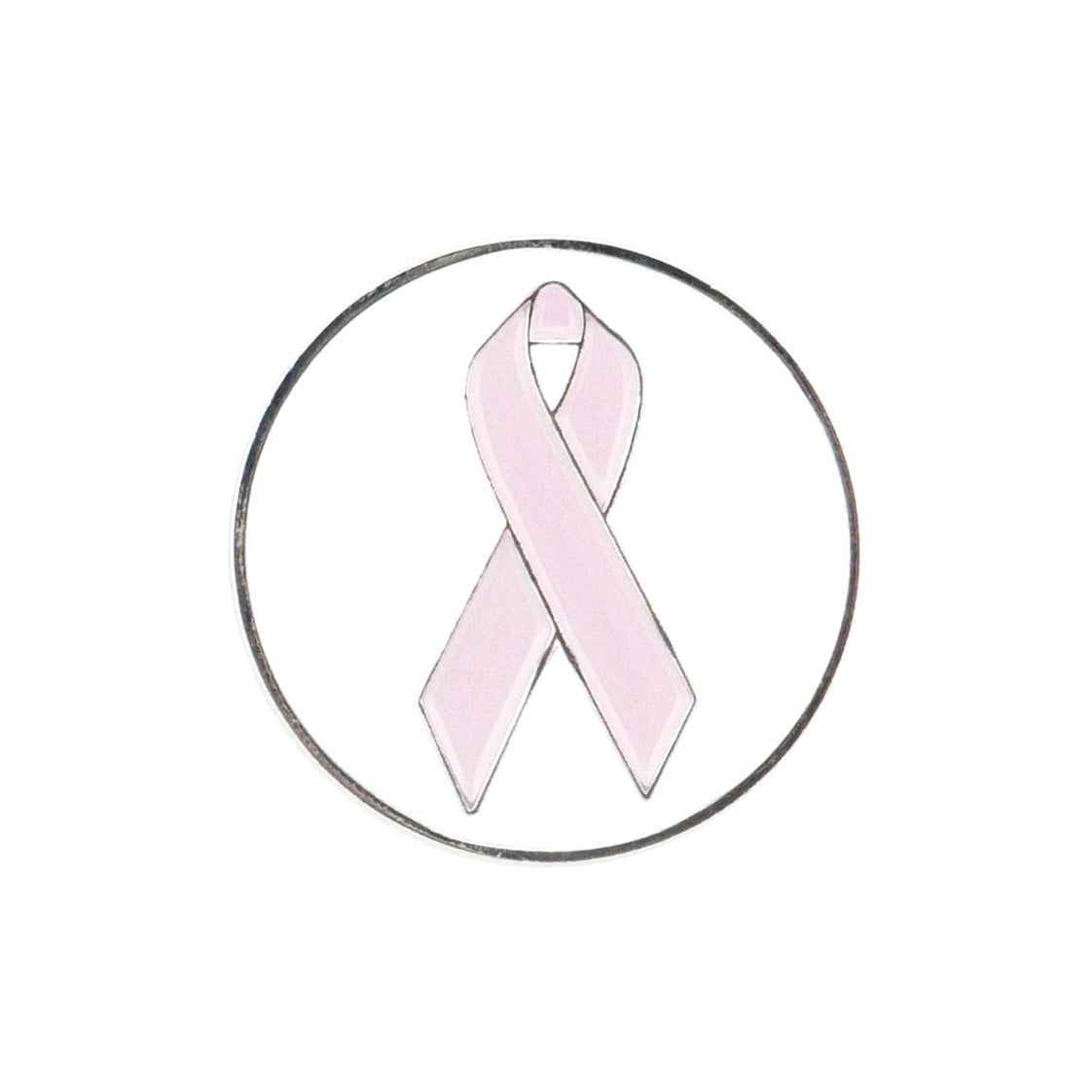 The Evergolf Pink Cancer Ribbon Ball Marker features a light pink ribbon in a black circle on white, making it a stylish metal golf accessory for breast cancer awareness.