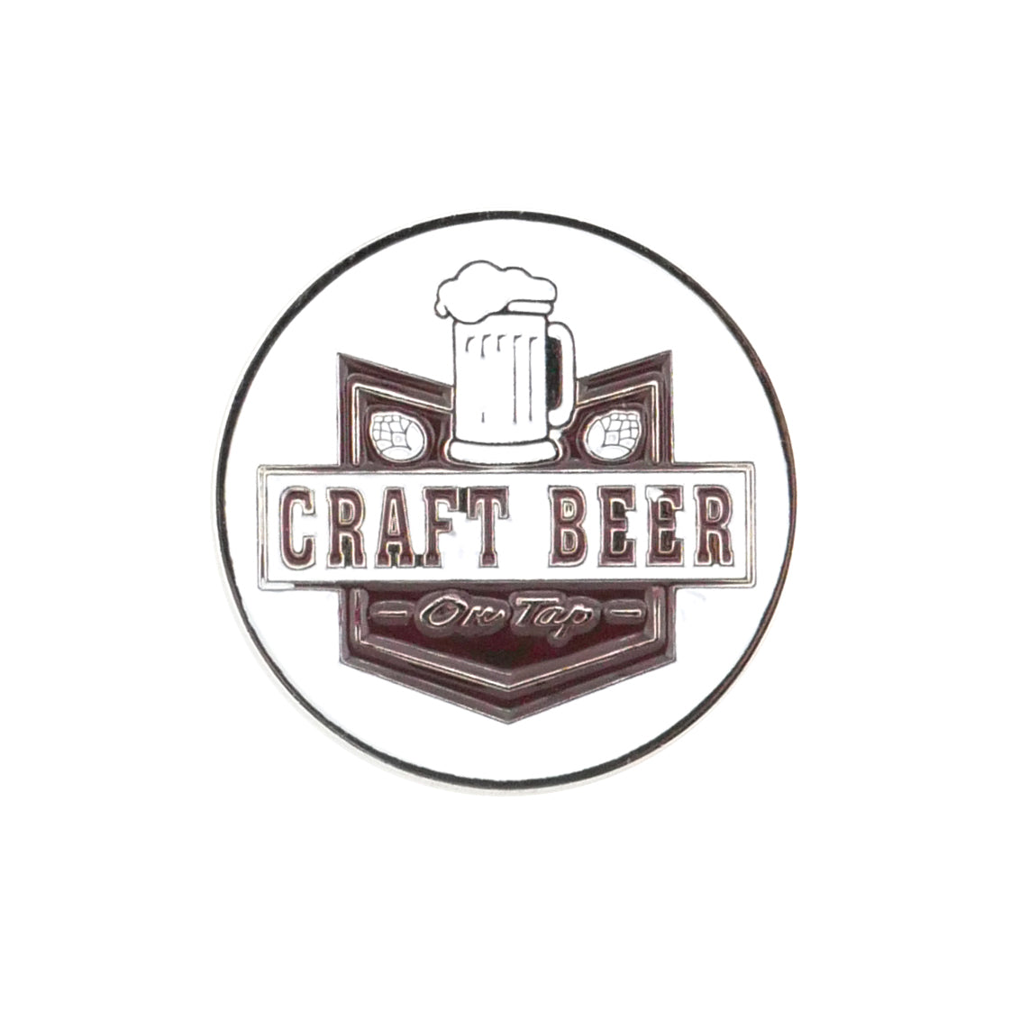 A round logo with a frothy beer mug above "Craft Beer" and "On Tap" below, framed by hop cones in a badge-style design—ideal for Evergolf Craft Beer Ball Markers and other unique golf accessories.