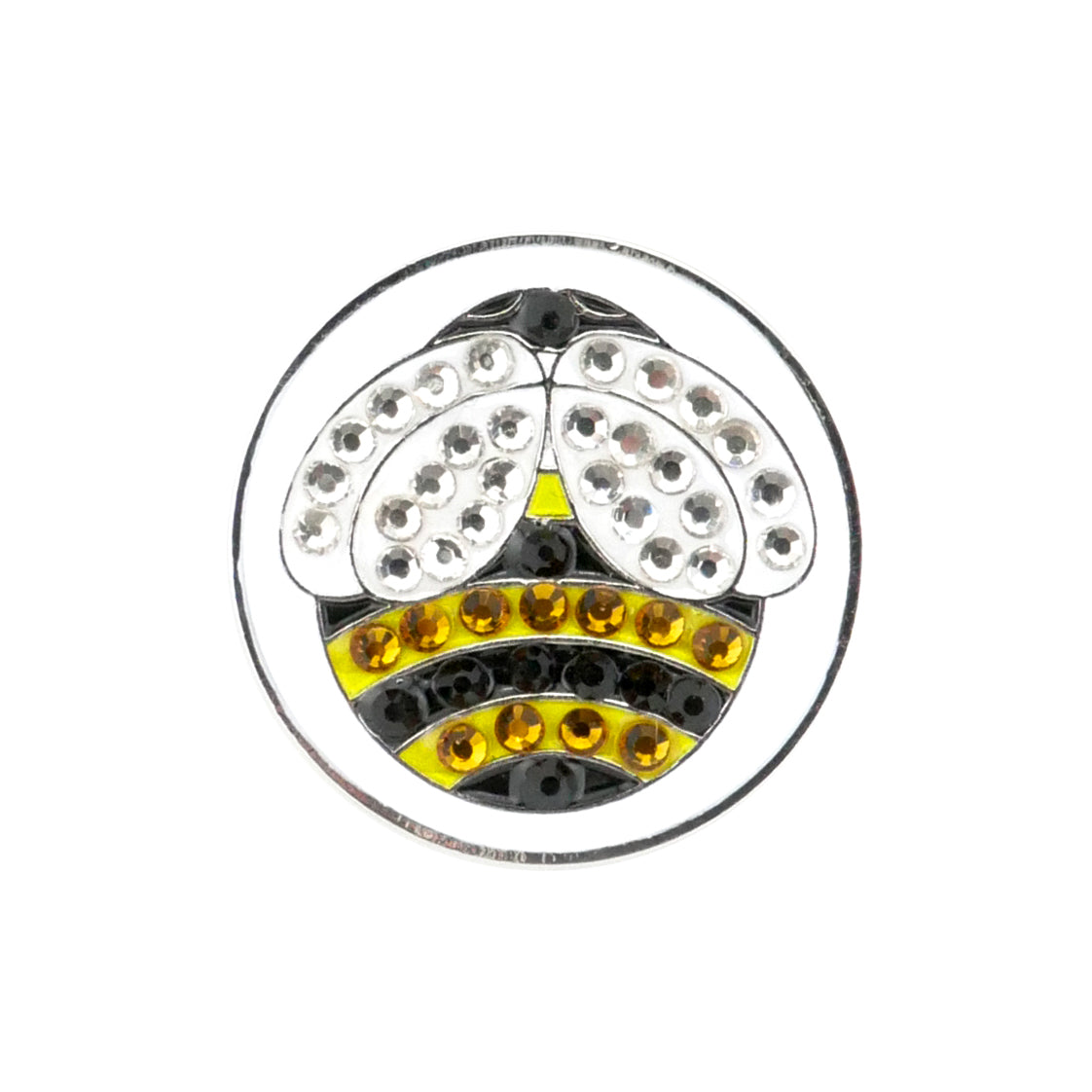 The Evergolf Bee Crystal is a round ball marker with a bee design, featuring white, yellow, and black rhinestones on the wings and body against a white background—an ideal golf gift.