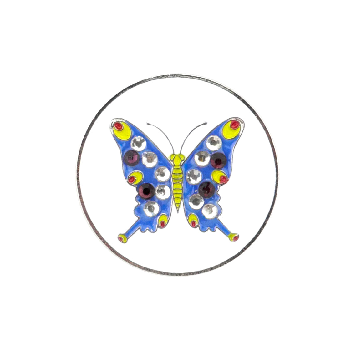 Butterfly Crystal by Evergolf features a blue butterfly with a yellow body and red-edged wings, embellished with shiny crystal ball markers and framed in black on white—a charming design for unique golf accessories or golfer gifts.