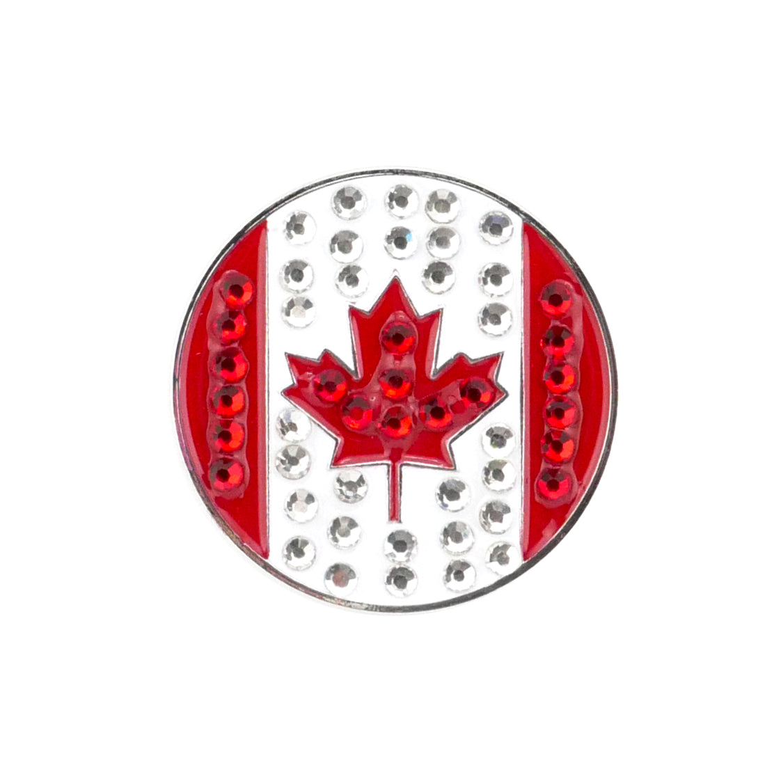 The Evergolf Canada Flag Crystal is a round pin with a red maple leaf and bars, decorated with red and clear rhinestones—perfect as a golf gift or to pair with crystal ball markers.