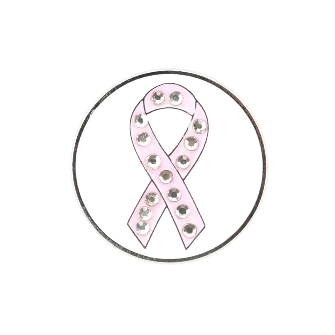 The Evergolf Pink Cancer Ribbon Crystal features a pink rhinestone ribbon symbolizing breast cancer awareness, centered in a black circle on white—perfect as a golfer gift or golf accessory.