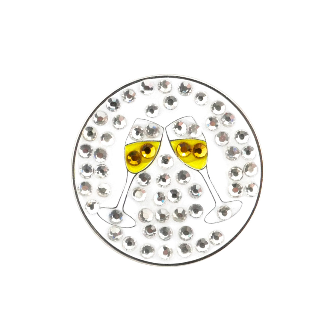 The Evergolf Cheers Champagne Crystal is a round crystal ball marker adorned with clear rhinestones and two clinking champagne glasses—a sparkling golfer gift and playful addition to your golf accessories.
