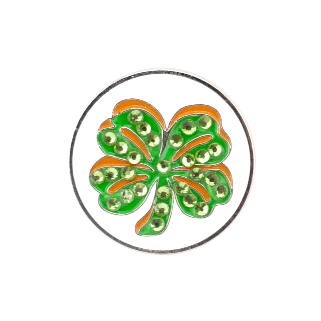 The Evergolf 4 Leaf Clover Crystal is a round pin with green and orange accents and small green gems—ideal as a crystal ball marker or unique gift for golfers.