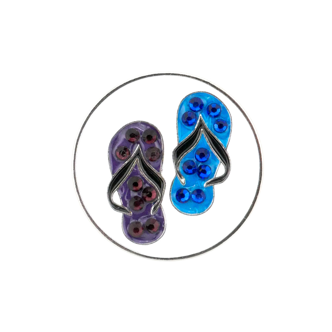 The Evergolf Flip Flop Sandals Crystal pin features two sequin-decorated flip-flops, one purple and one blue, outlined in silver on a white background. Ideal as crystal ball markers or a unique gift for golfers.