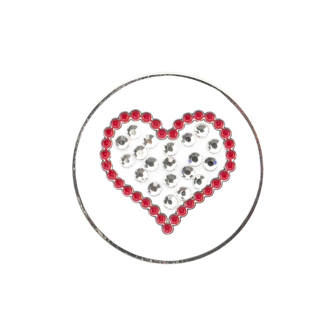 The Evergolf Heart Crystal features a circular design with a red-outlined heart filled with silver rhinestones on a white background—ideal as a sparkling crystal ball marker or a distinctive golf gift.