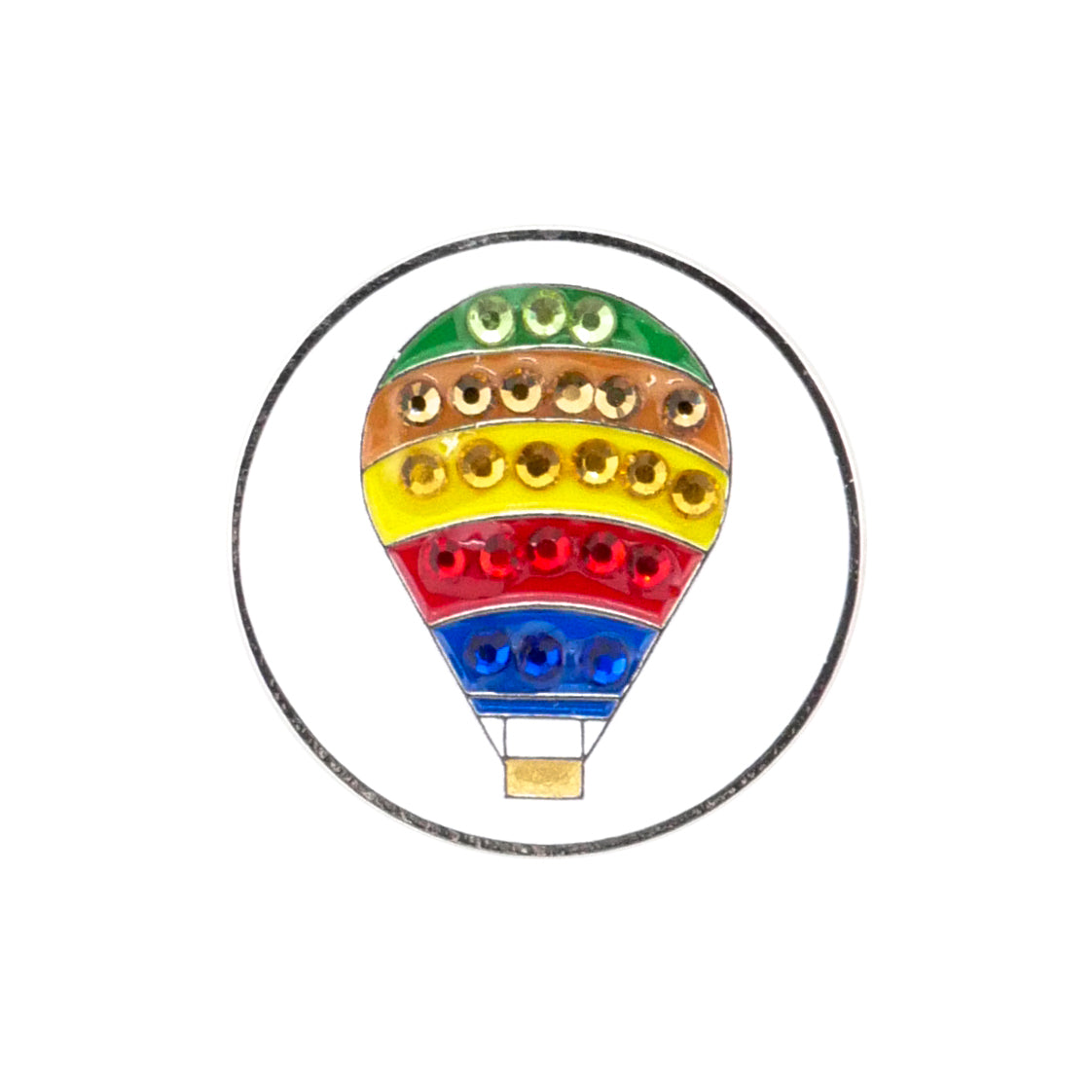 The Evergolf Hot Air Balloon Crystal features a vibrant hot air balloon with green, yellow, orange, red, and blue horizontal stripes, adorned with shimmering sequins and crystal ball markers, all encircled by a slim black ring.