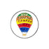 The Evergolf Hot Air Balloon Crystal features a vibrant hot air balloon with green, yellow, orange, red, and blue horizontal stripes, adorned with shimmering sequins and crystal ball markers, all encircled by a slim black ring.