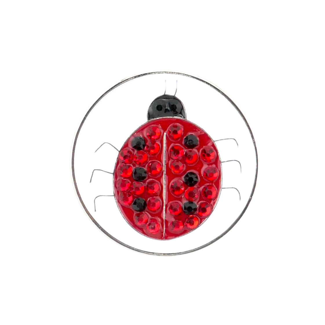 The Evergolf Lady Bug Crystal is a decorative brooch and ball marker featuring a red body with sparkling gems, a black head, slim metal legs, and a sleek silver ring—a charming golf gift for fans of unique accessories.