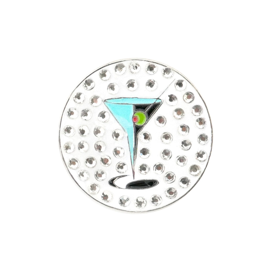 The Evergolf Martini Crystal is a circular pin with a blue martini glass and olive on white, adorned with shiny rhinestones—ideal as a crystal ball marker or standout golf accessory.