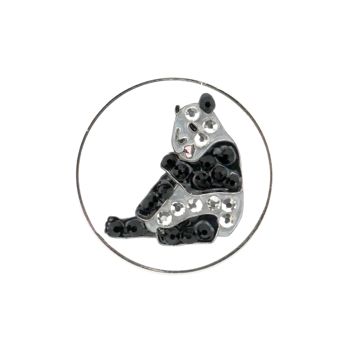 The Evergolf Panda Crystal is a round pin showing a panda with black and white spots holding its paw to its mouth—a cute golfer gift or unique golf accessory—set on a plain white background.