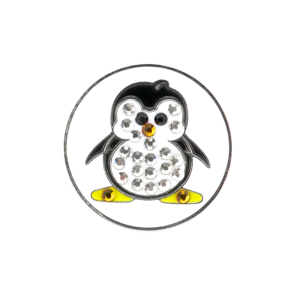 Evergolf's Penguin Crystal pin features a cartoon penguin with a black outline, rhinestone belly and face, yellow beak and feet, and outstretched wings—an ideal gift or stylish golf accessory.