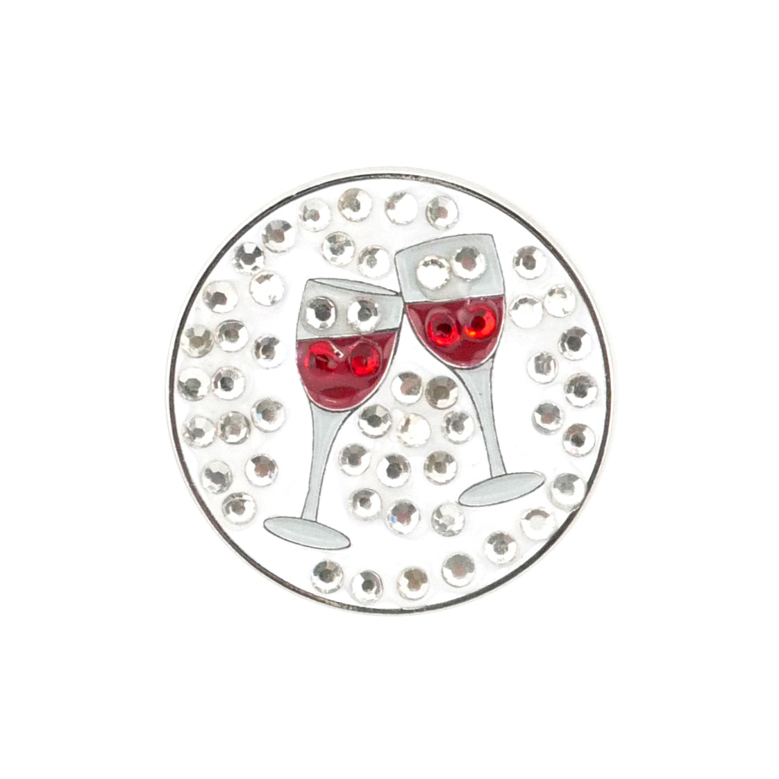 Evergolf’s Cheers Red Wine Crystal pin, ideal for golf accessories, displays two red wine glasses with rhinestones on a white background.