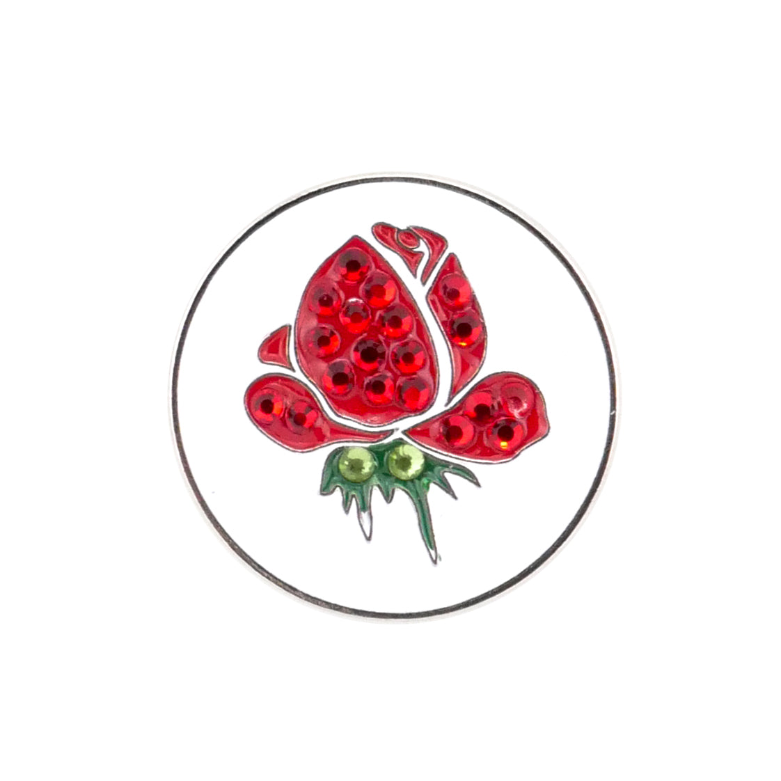 Add elegance to your golf accessories with Evergolf's Rose Crystal—a round pin featuring a red rose with green stem and sepals, adorned with red rhinestones on a white background. Complements crystal ball markers perfectly.