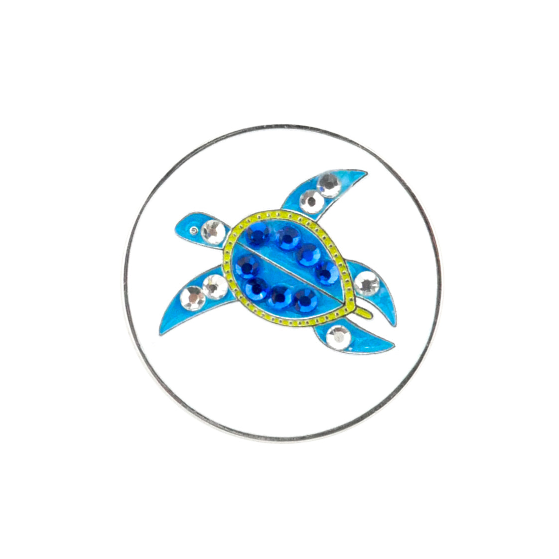 The Evergolf Sea Turtle Crystal is a circular badge with a stylized blue sea turtle and shiny blue-silver accents, making it a unique golf gift inspired by crystal ball markers for any enthusiast.