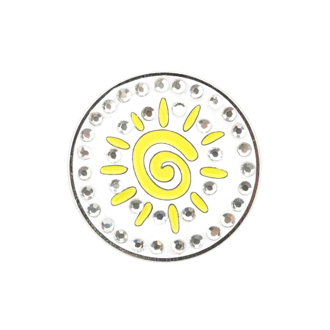 The Evergolf Sun Crystal is a round ball marker with a yellow sun design, encircled by silver rhinestones on a white background—a standout golf gift for any player.