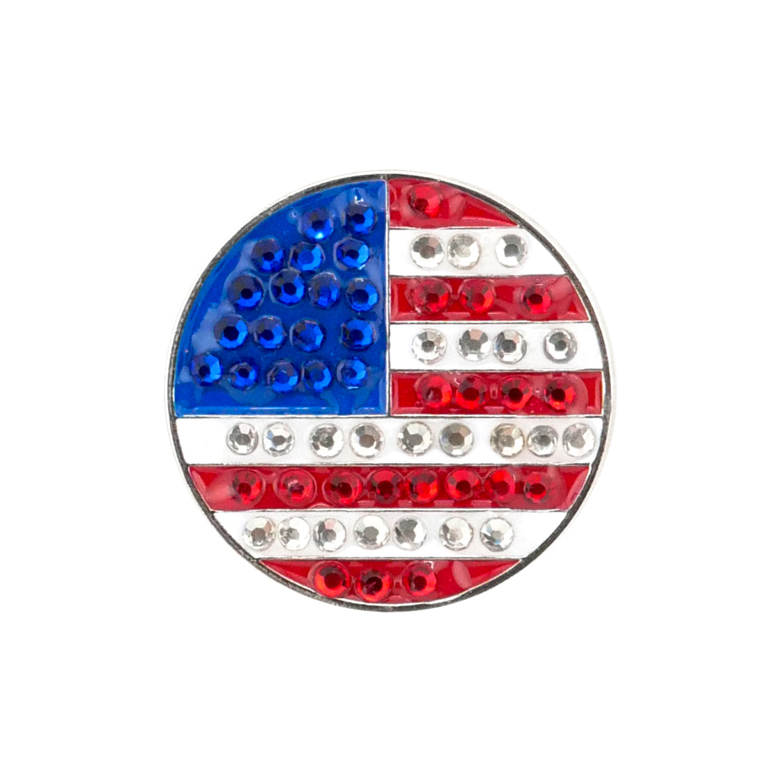 The Evergolf American Flag Crystal is a round ball marker adorned with blue, red, and silver rhinestones—perfect for adding patriotic flair and sparkle to your golf accessories or gifting to a golfer.