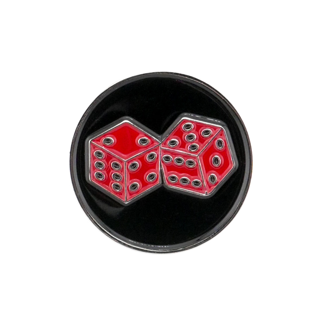 The Evergolf Dice is a circular black metal pin featuring two red dice with white dots, set side by side and slightly tilted—ideal for golf accessories or as a standout piece in your Evergolf Ball Markers collection.