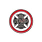 The Evergolf Fire Department golf ball marker features a round design with a red border, silver firefighter Maltese cross, FIRE DEPT text, and firefighting symbols—crafted from high-quality metal.