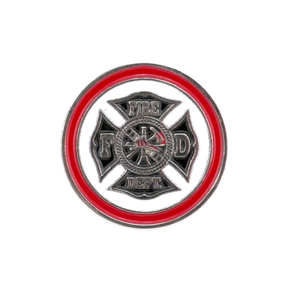 The Evergolf Fire Department golf ball marker features a round design with a red border, silver firefighter Maltese cross, FIRE DEPT text, and firefighting symbols—crafted from high-quality metal.