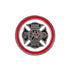 The Evergolf Fire Department golf ball marker features a round design with a red border, silver firefighter Maltese cross, FIRE DEPT text, and firefighting symbols—crafted from high-quality metal.