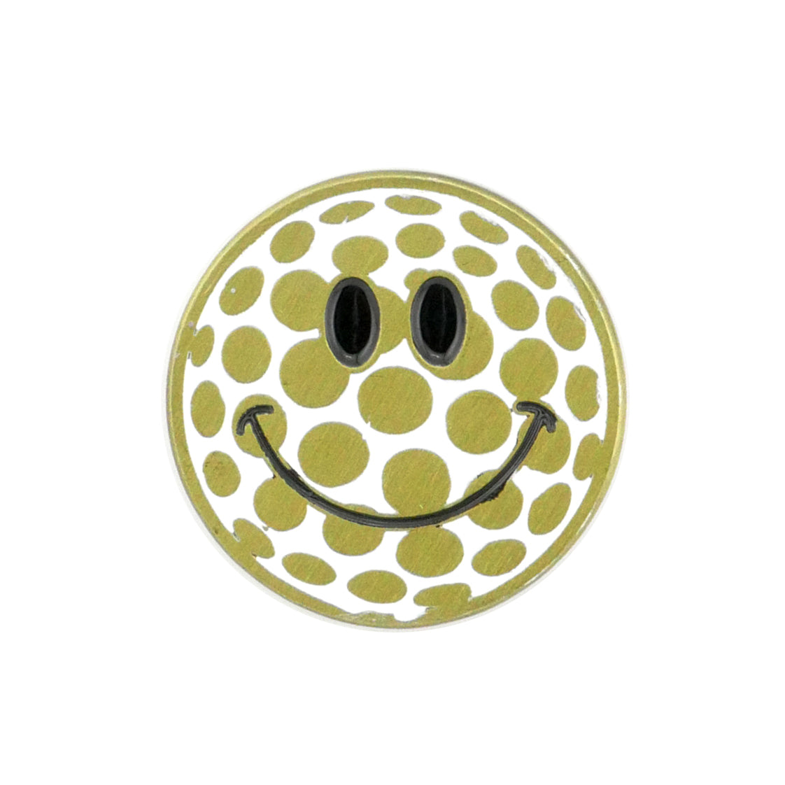 The Evergolf Smiley Ball is a round, yellow marker with olive green polka dots, crafted from high-quality metal—making it a fun and functional golf accessory for any player.