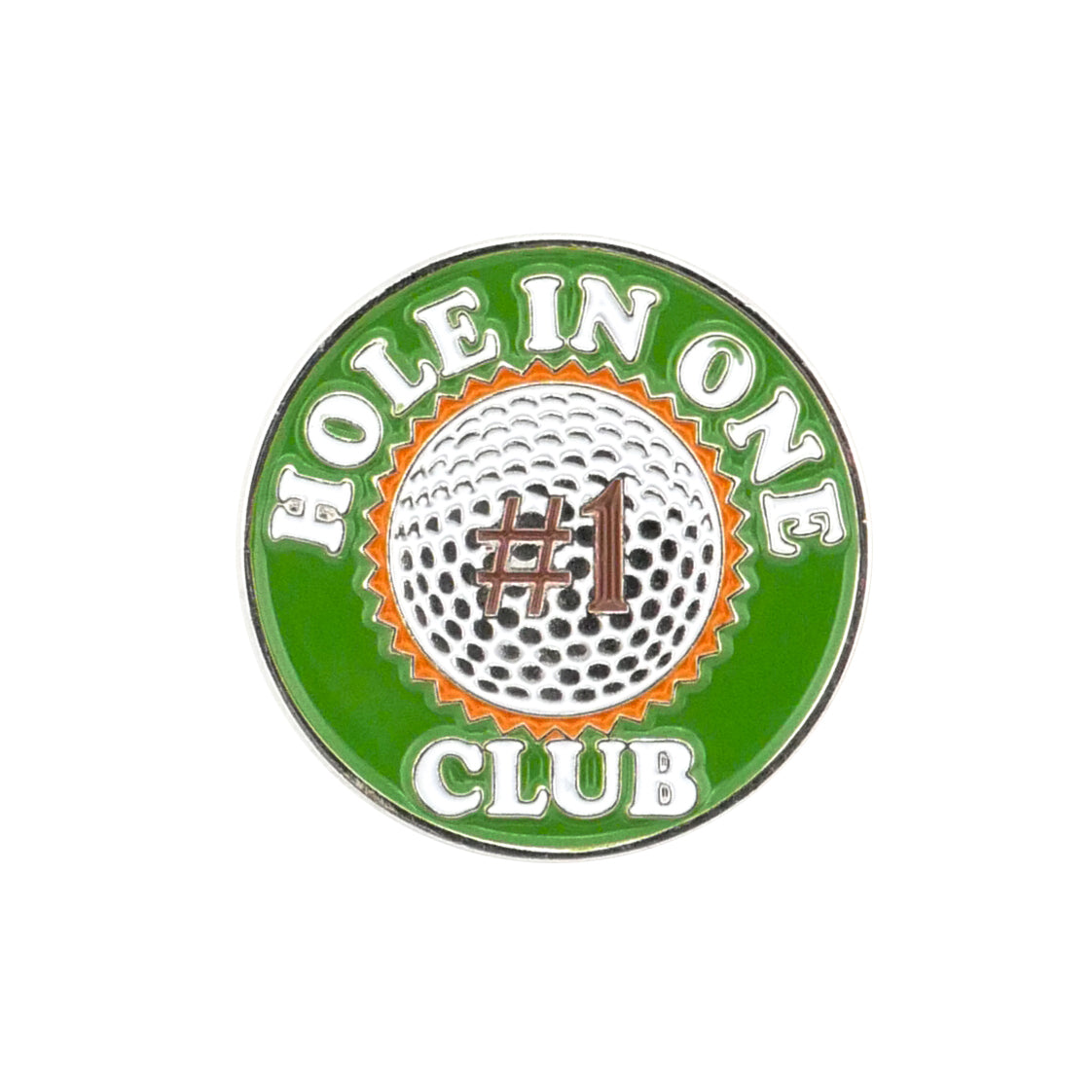 A high-quality metal circular badge featuring a golf ball and “HOLE IN ONE CLUB” text on green—perfect for Evergolf fans and collectors of the Hole In One Club accessory.