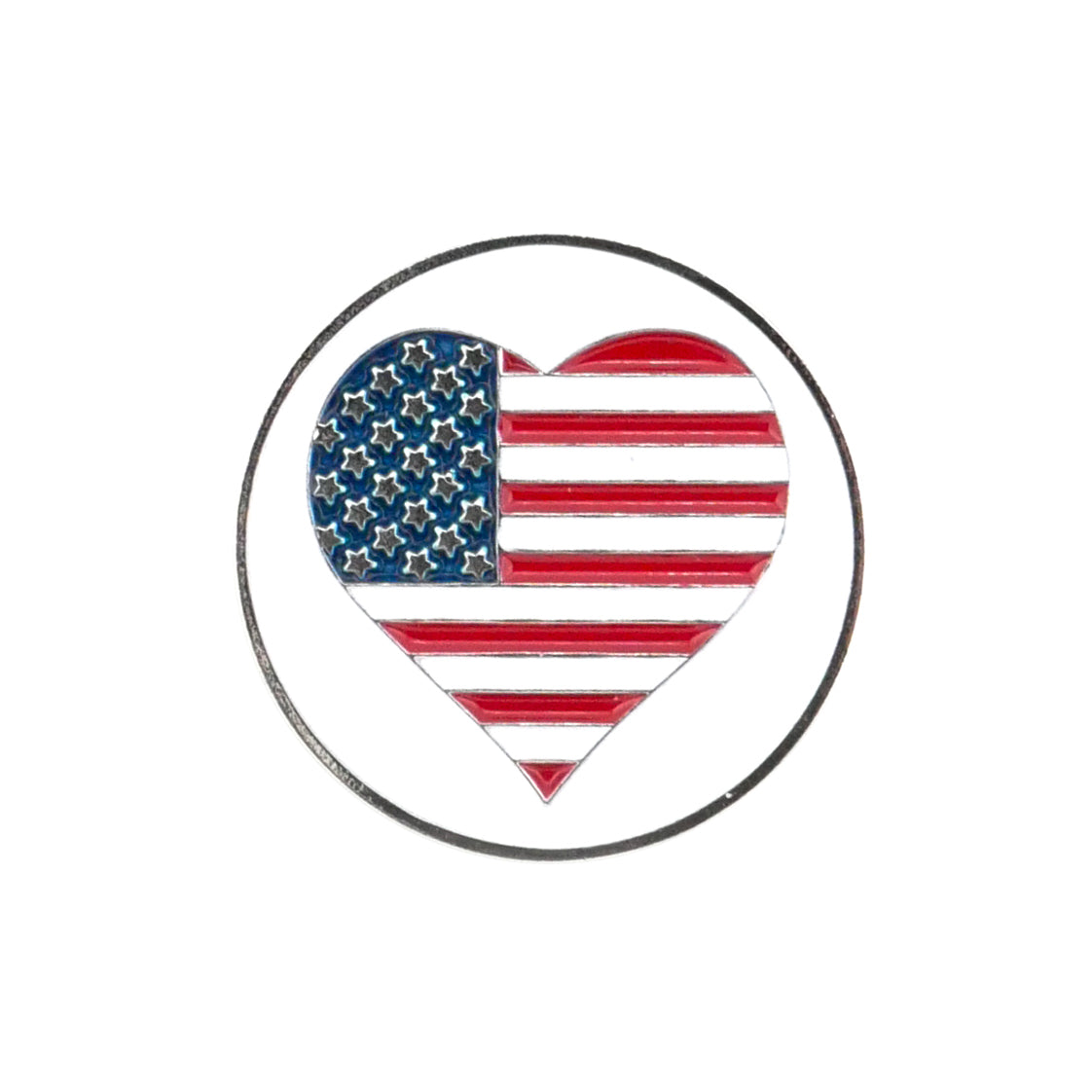 The Evergolf Heart Flag Ball Marker features a heart-shaped metal design with the American flag pattern and a thin black outline on white. A stylish, patriotic golf accessory.