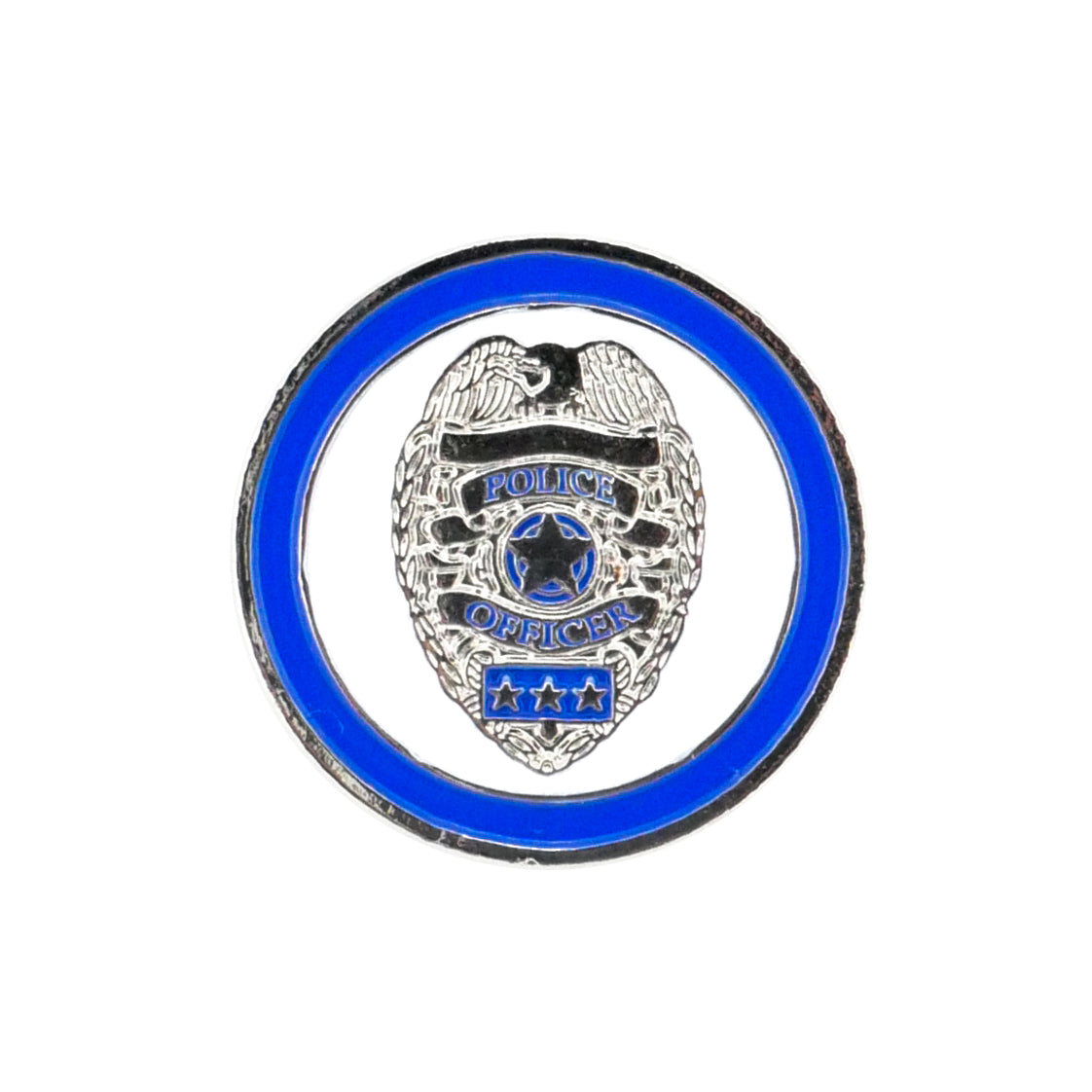 The Police Department ball marker by Evergolf features a silver badge with eagle emblem, blue-edged metal design, and "Police Officer" text—an ideal golf accessory for law enforcement supporters.