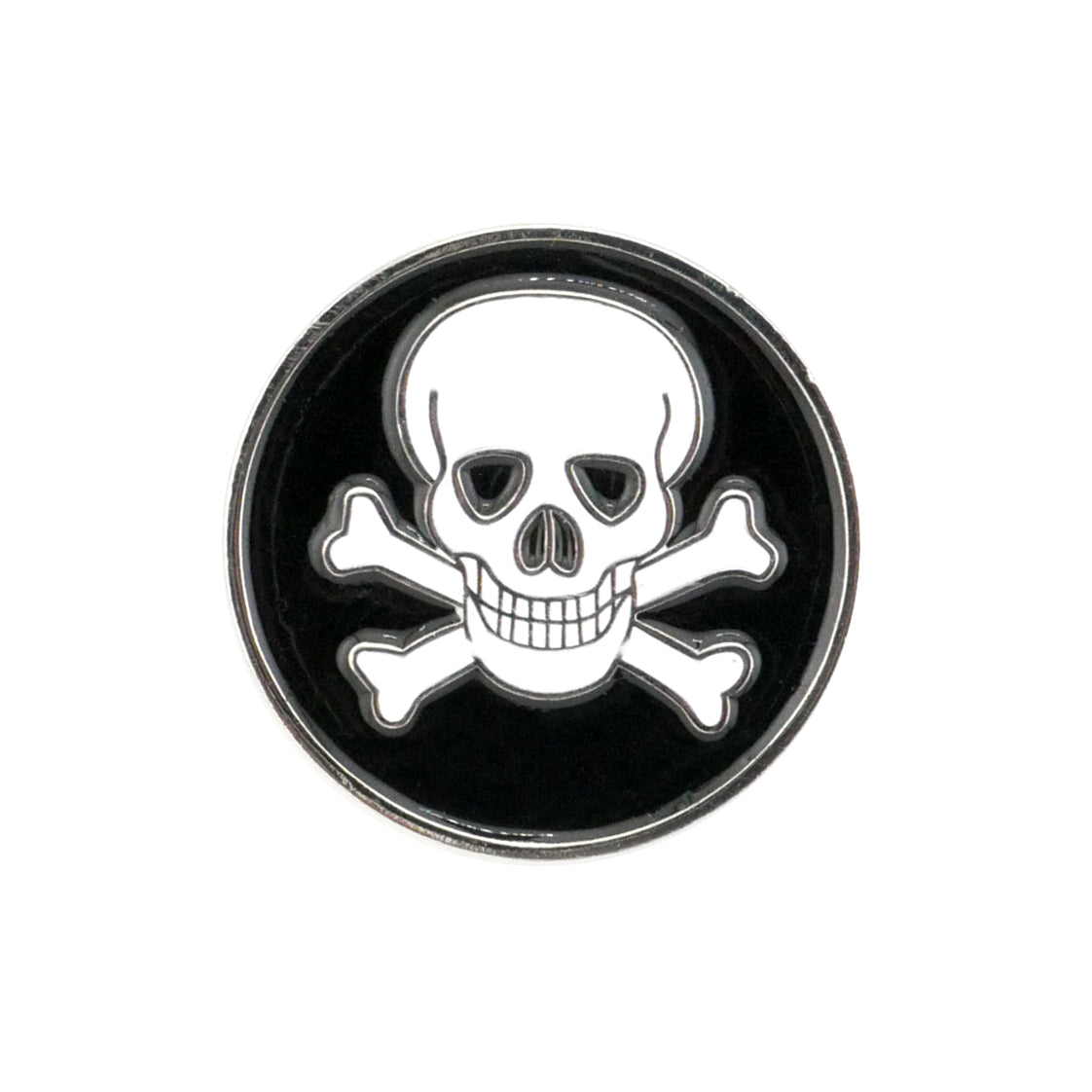 The Evergolf Skull & Crossbones ball marker features a round, high-quality metal design with a white skull and crossbones on black—perfect for adding bold style and edge to your golf gear.