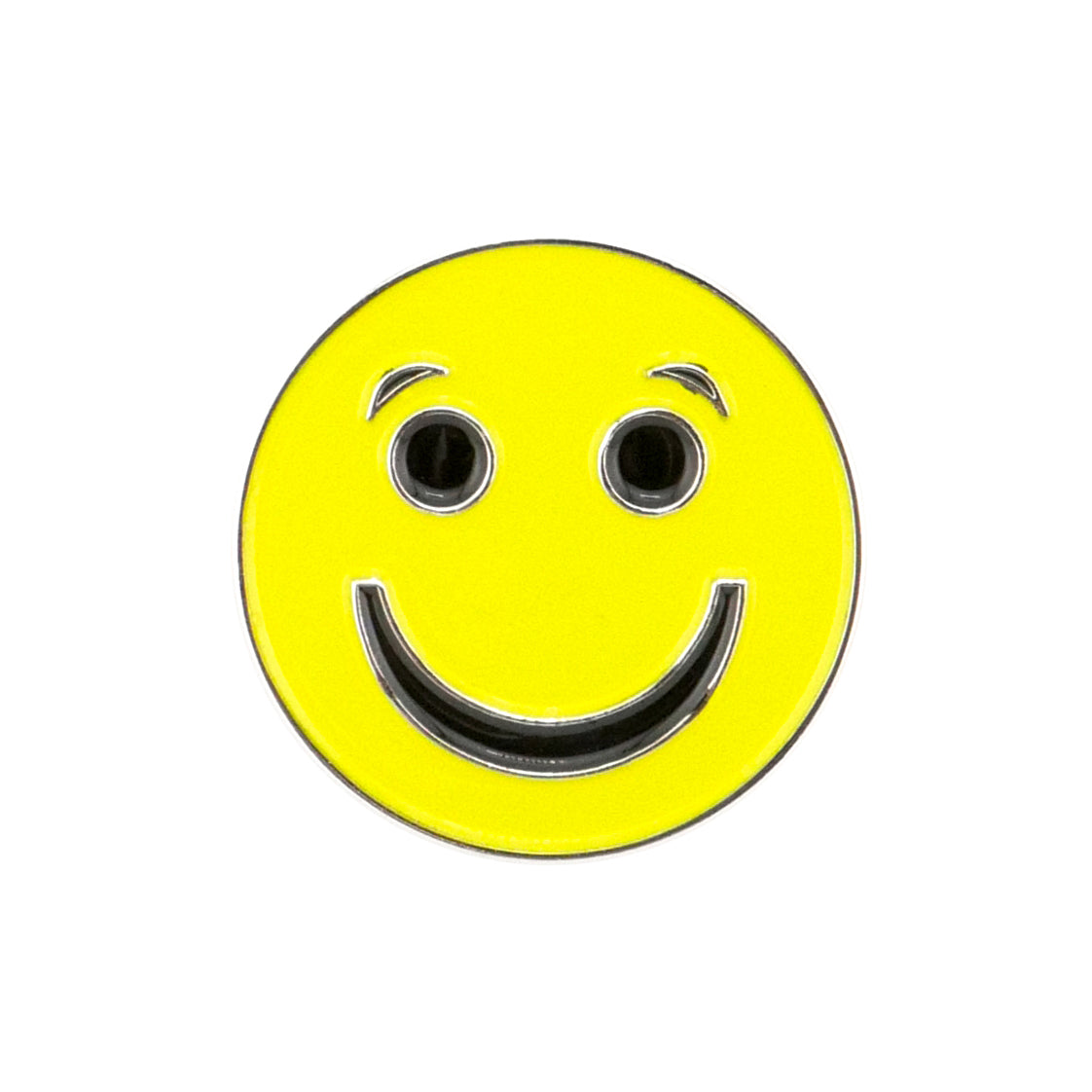 The Evergolf Smiley Face - Happy/Sad Ball Marker features a bright yellow face with black eyes, eyebrows, and a big smile on quality metal—an ideal addition to your golf accessories collection.