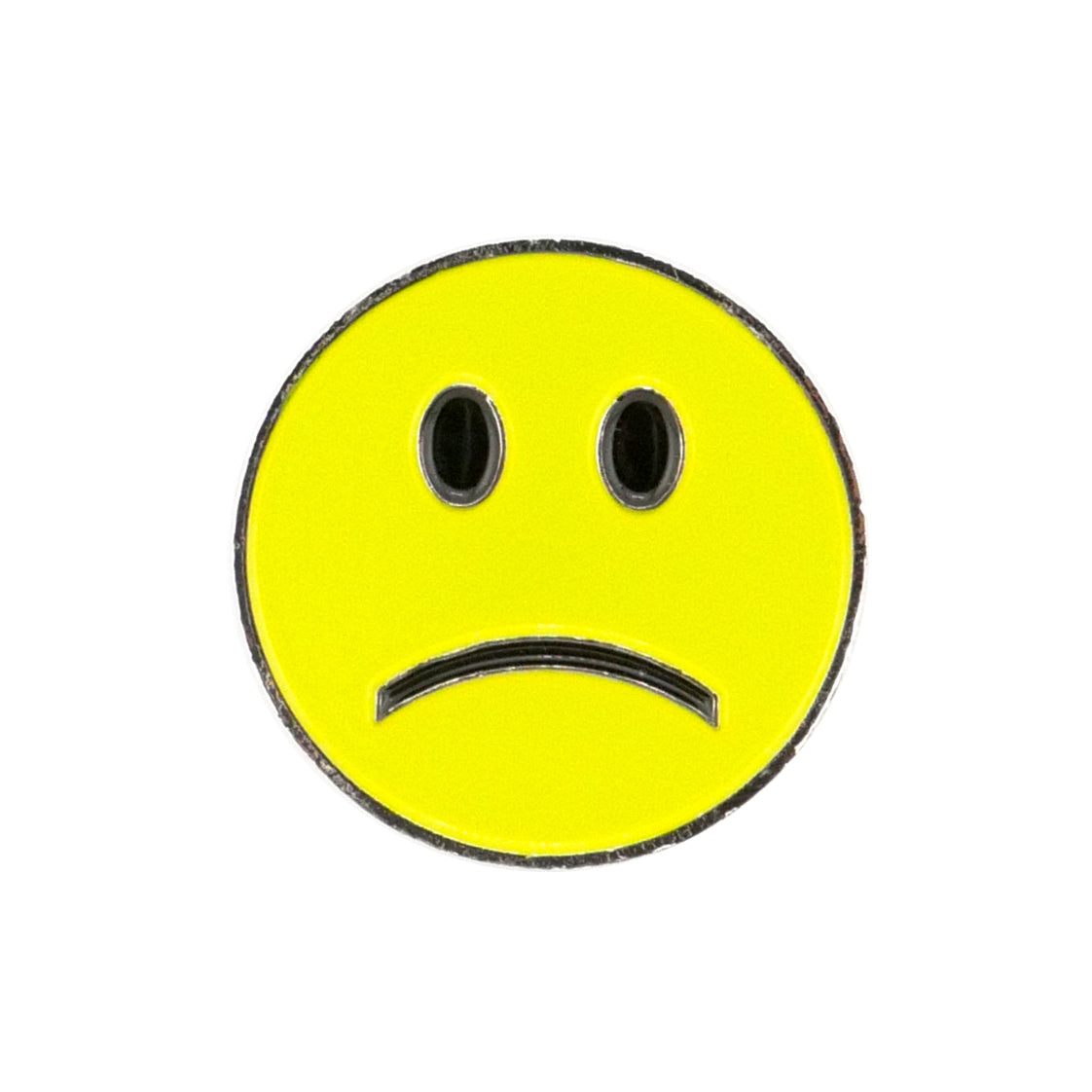 The Evergolf Smiley Face - Happy/Sad metal ball marker features a yellow circular face with black oval eyes and a downturned mouth, adding personality and style to your golf accessories.