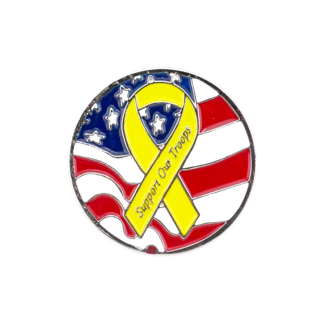 The Evergolf "Support Our Troops" round metal ball marker features a waving American flag and a bold yellow ribbon. A great addition to your golf accessories or Evergolf Ball Markers collection.
