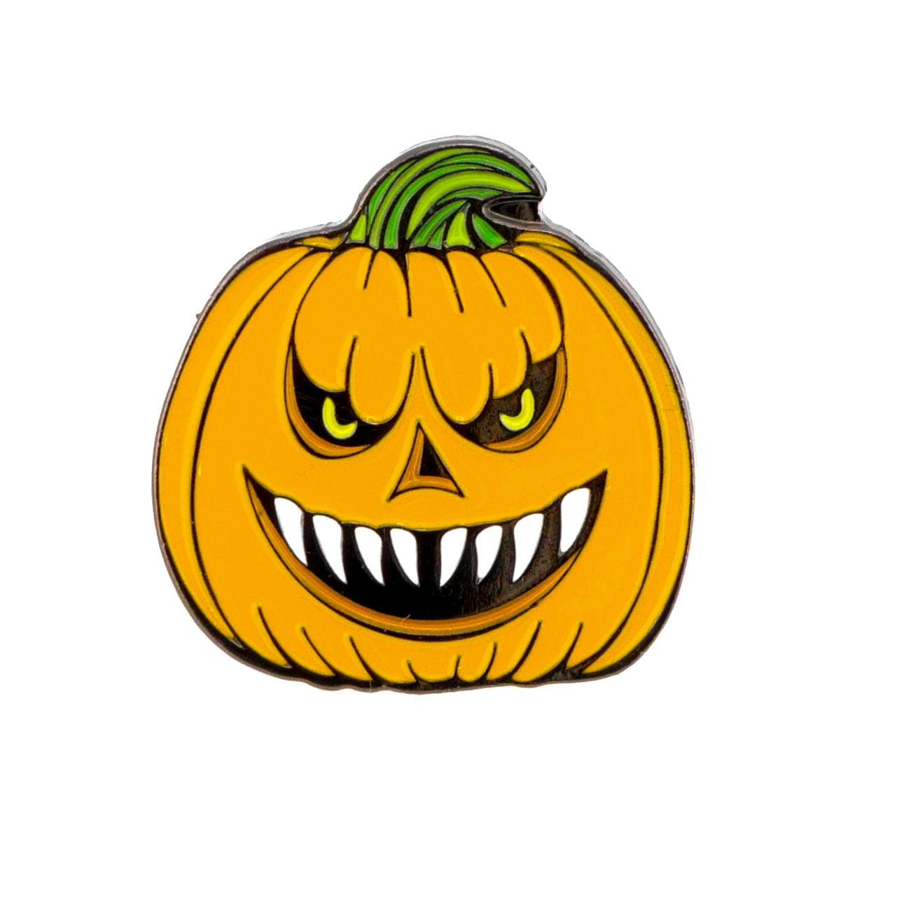 The Evil Jack-O-Lantern Ball Marker from Logie Joe's Golf features a cartoon orange pumpkin with an evil grin, sharp white teeth, and yellow eyes—perfect for adding premium style to your Halloween golf ball marker collection.