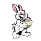 The Evil Bunny Ball Marker by Ballmarkers.com features a cartoon of an angry Easter bunny with pink ears clutching a striped egg on a white background—perfect as a playful, unique golf accessory or seasonal gift.