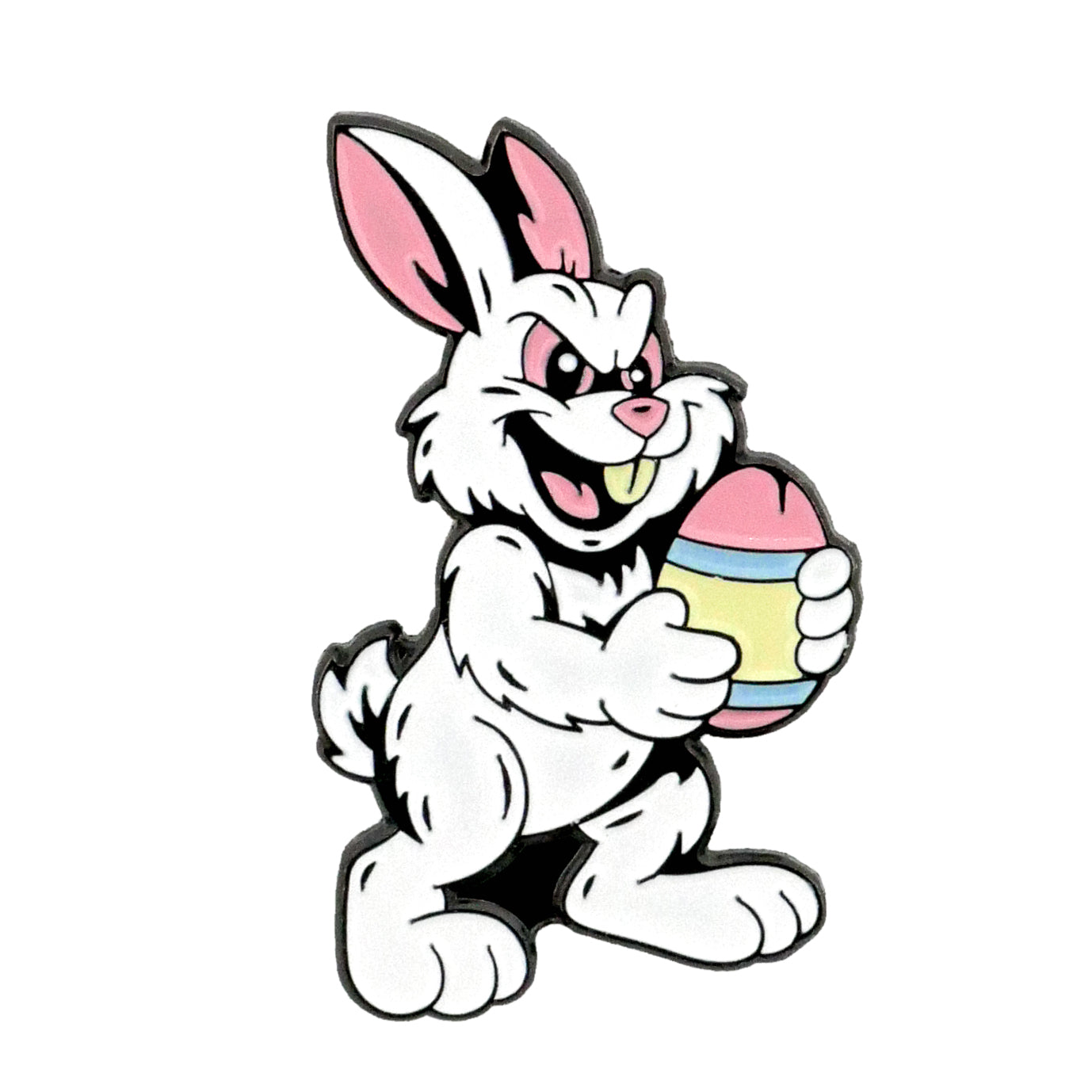 The Evil Bunny Ball Marker by Ballmarkers.com features a cartoon of an angry Easter bunny with pink ears clutching a striped egg on a white background—perfect as a playful, unique golf accessory or seasonal gift.