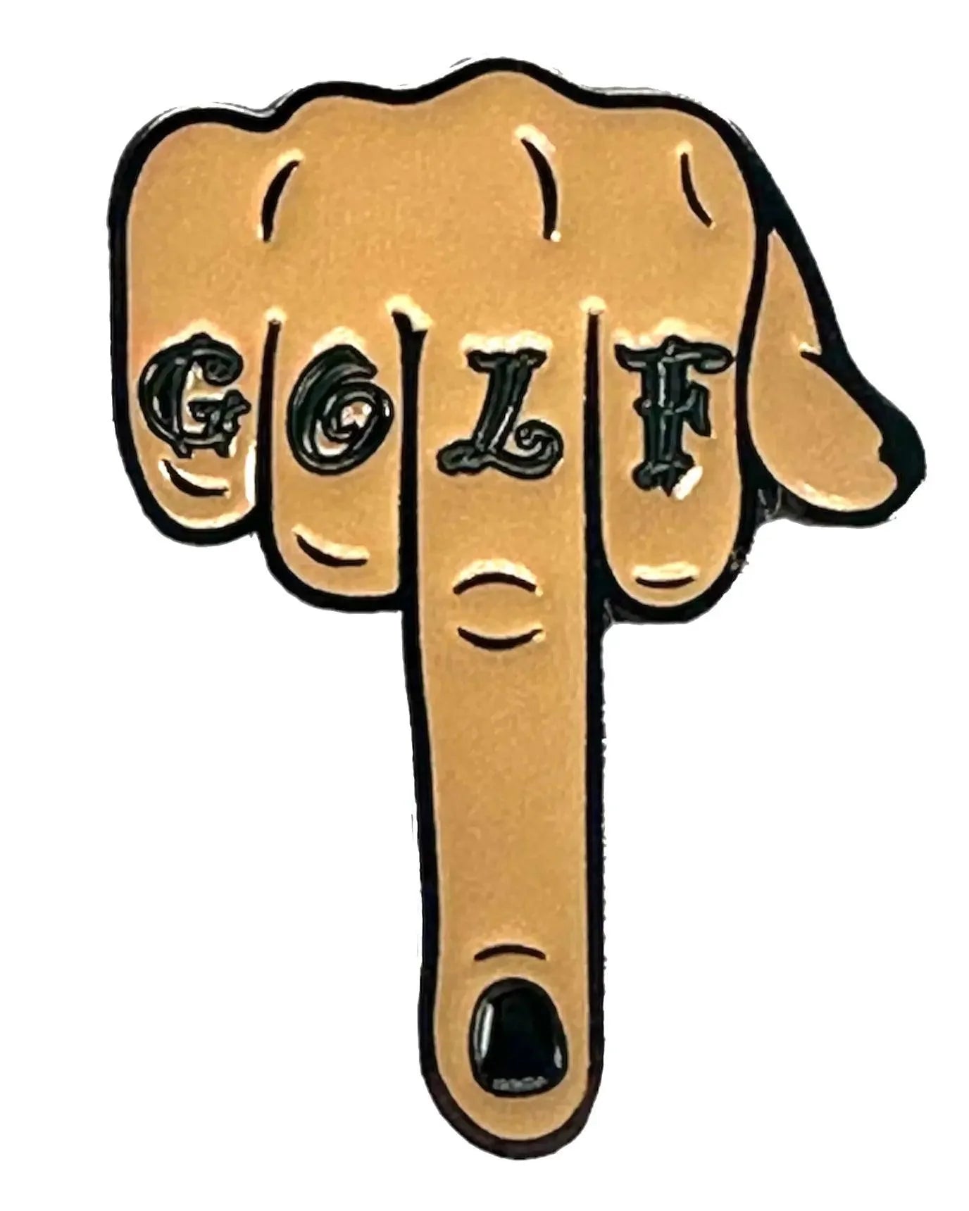 The Grunk Dolfer Eff Golf Ball Marker features a stylized tan hand flipping the bird with "GOLF" tattooed on the knuckles and a black-painted nail—ideal as a bold golf gift or magnetic ball marker for those who love standout style.