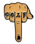 The Grunk Dolfer Eff Golf Ball Marker features a stylized tan hand flipping the bird with "GOLF" tattooed on the knuckles and a black-painted nail—ideal as a bold golf gift or magnetic ball marker for those who love standout style.