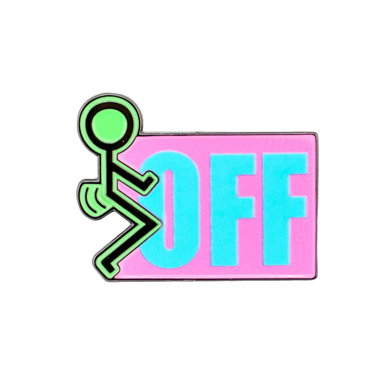 A playful green stick figure kicks at the word “OFF” in bold blue on a pink background—Logie Joe's Golf “F” Off marker adds humor and personality to your premium golf accessories collection.