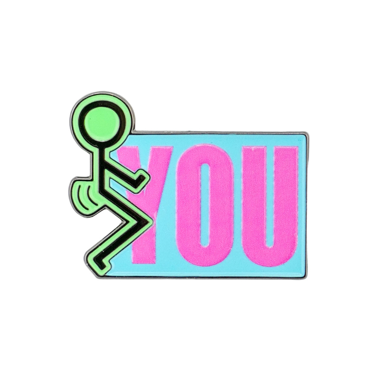 A cartoon figure outlined in black and filled with green appears to fart on the word “YOU” in large pink letters on blue, creating a playful “F” You golf ball marker by Ballmarkers by Logie Joes.