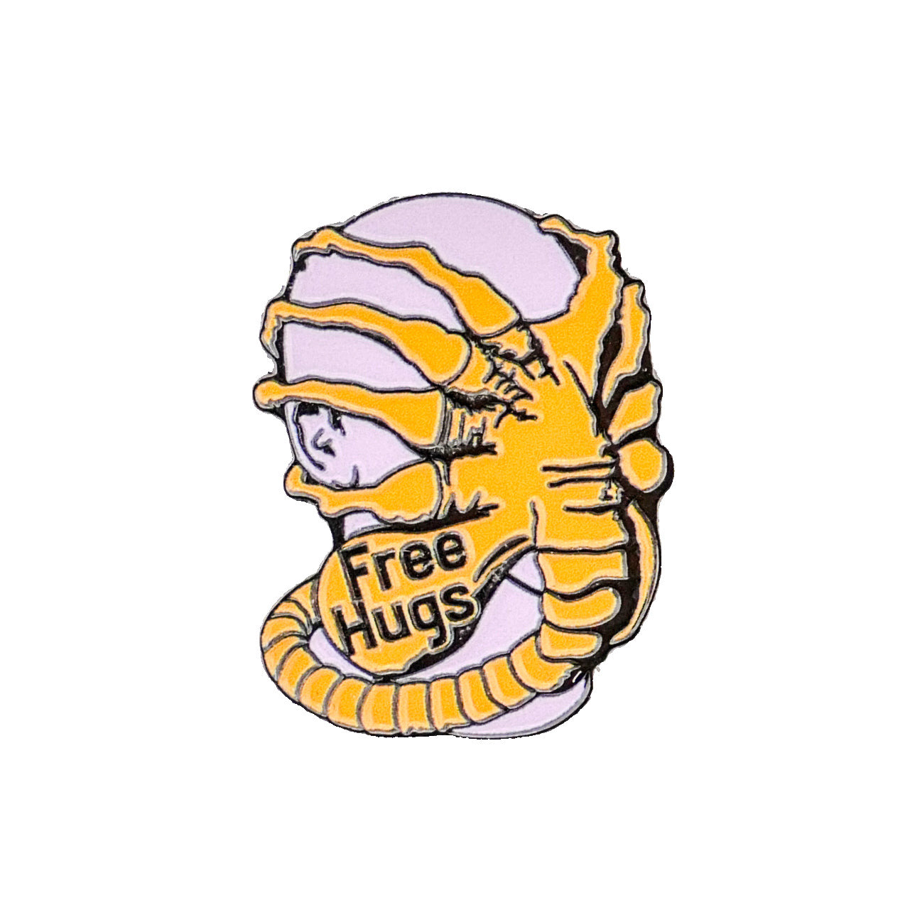 The Face Hugger by Ballmarkers from Logie Joes is a pin showing a yellow alien facehugger in profile, with Free Hugs on its fingers—makes a unique golf accessory or premium ball marker.