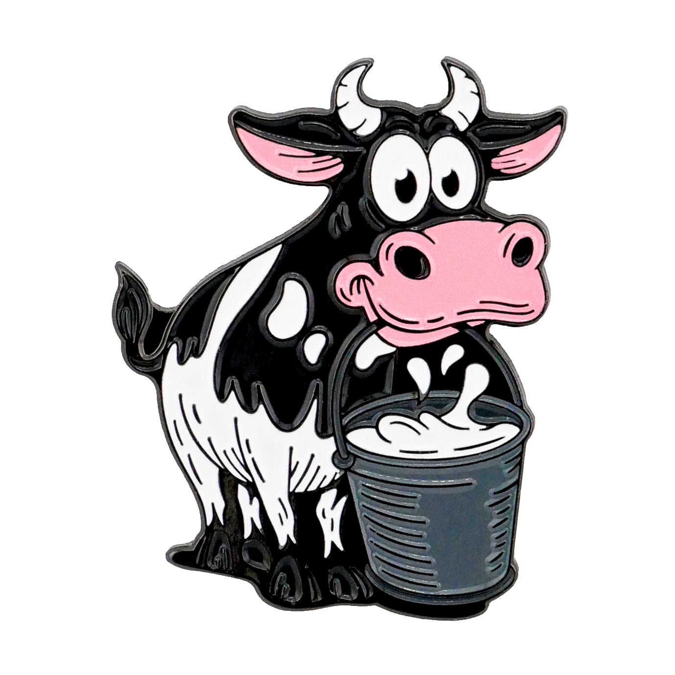 Cartoon illustration of a cheerful black and white cow holding a milk bucket, featured on the Milkers Cow Ball Marker d by Ballmarkers.com—ideal for barnyard collections or farm humor fans.