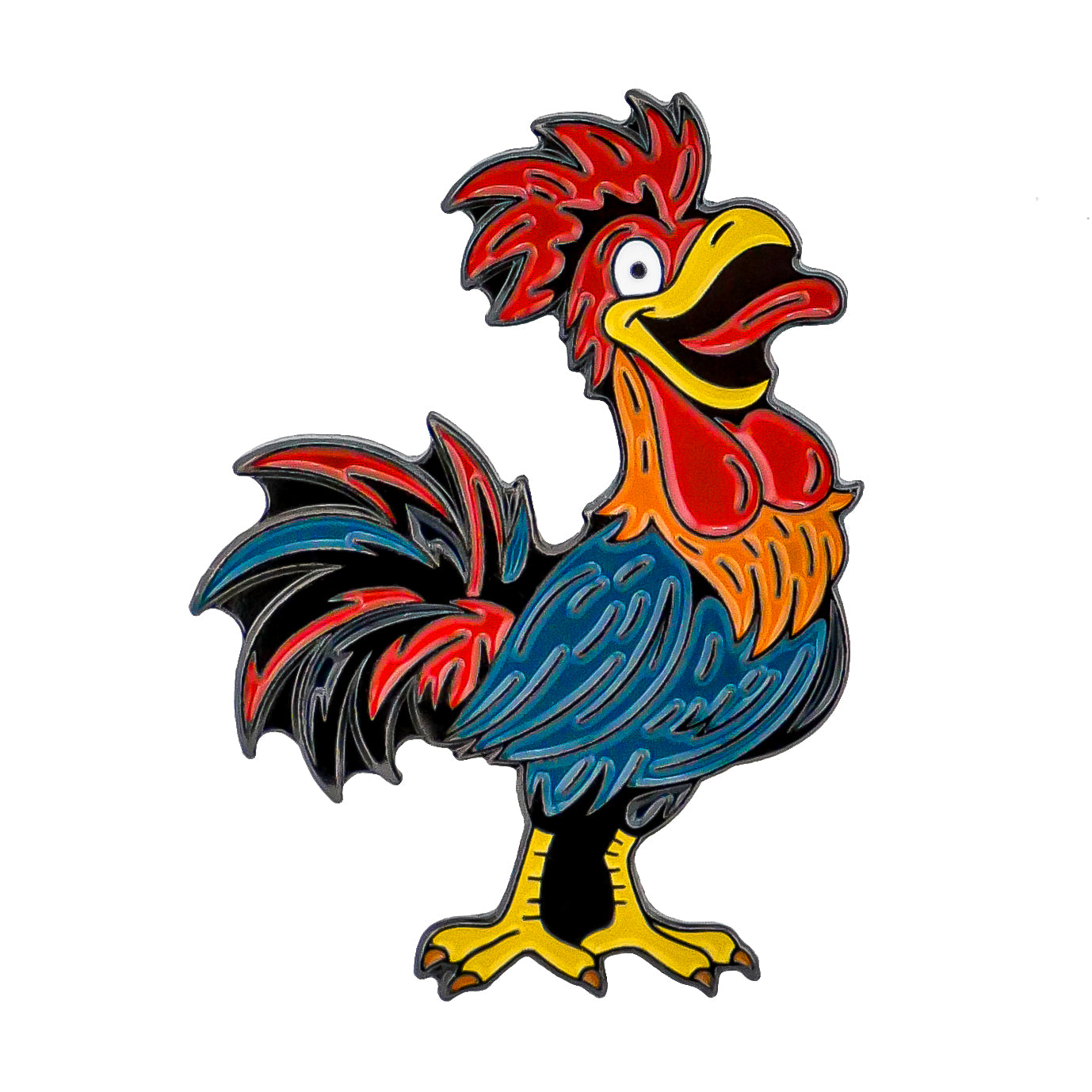 The Crazy Cock Ball Marker d by Ballmarkers.com features a vibrant cartoon rooster with red, orange, blue, and black feathers—an eye-catching accessory for your golf bag or a standout piece in any barnyard-themed collection.