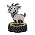 Cartoon Evil Goat Ball Marker d by Ballmarkers.com features a smiling goat with big eyes standing on a black tire with a yellow center. Inspired by the barnyard collection, it&