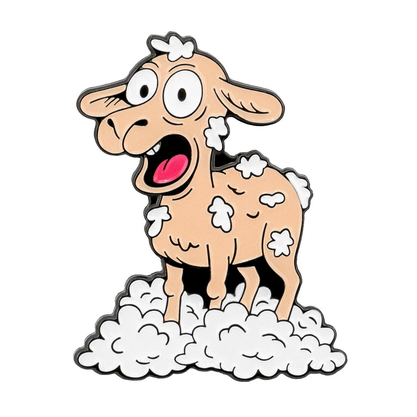 The Naked Sheep Ball Marker d by Ballmarkers.com features a surprised cartoon sheep with missing patches of wool on a fluffy pile—an amusing barnyard-themed golf accessory.