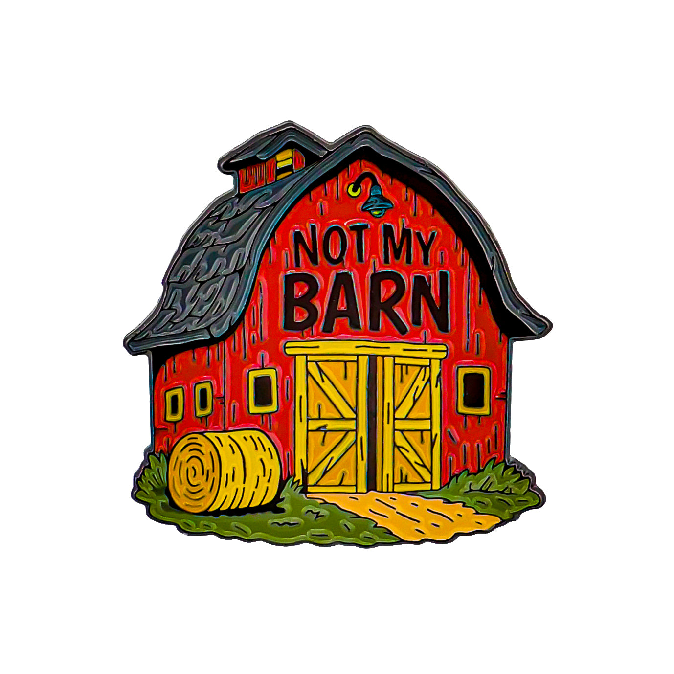 Ballmarkers.com's Not My Barn Ball Marker features a cartoon red barn with yellow doors, "NOT MY BARN" text, green grass, and a hay bale—perfect for your golf game or farm-themed collection!.
