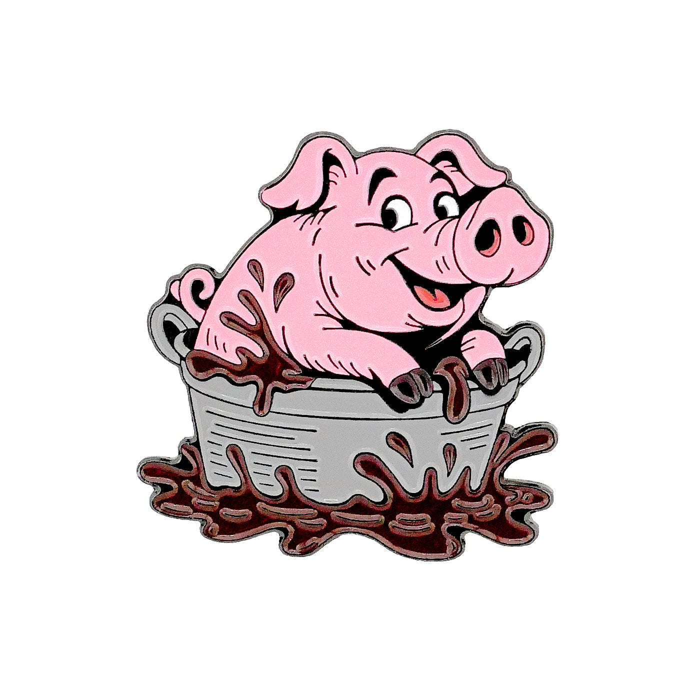 The Pig Ball Marker d from Ballmarkers.com features a cheerful pink pig relaxing in a gray tub of overflowing brown mud, with playful splashes surrounding it on a white background.