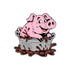 The Pig Ball Marker d from Ballmarkers.com features a cheerful pink pig relaxing in a gray tub of overflowing brown mud, with playful splashes surrounding it on a white background.