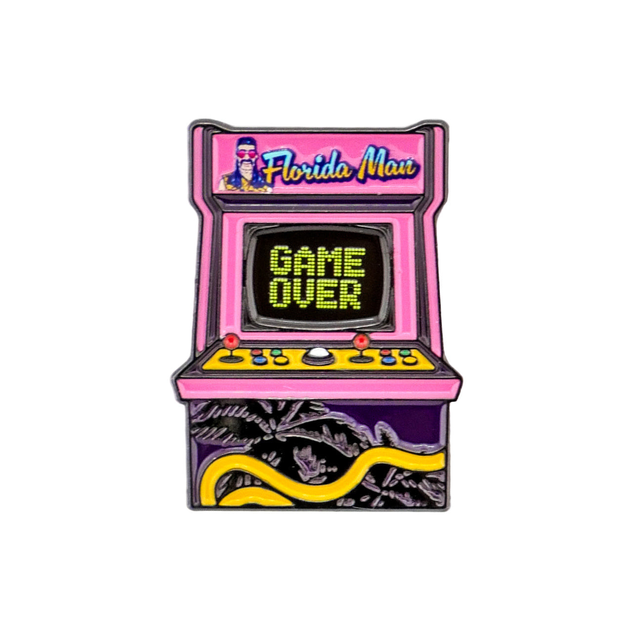 Logie Joe's Golf "Florida Man (Game Over)" is a vibrant arcade-themed golf ball marker with pink and purple, yellow buttons, a yellow snake, and funny golf accessories—ideal for fans of quirky golf style.