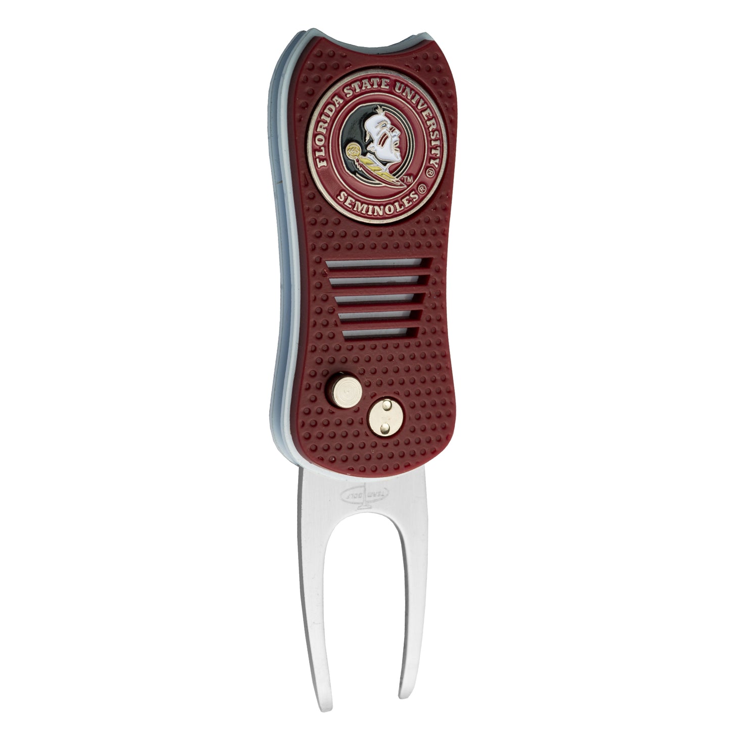 The Switchfix ACC College Switchfix Divot Tool with Ball Marker features a maroon grip, Florida State University Seminoles logo and text on top, switchblade mechanism, textured handle dots, metal buttons, and silver forked prongs.